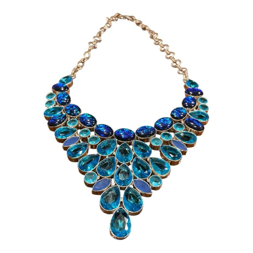 Blue Topaz Triplet Opal Fashion Jewelry 925 Silver Necklace 10”  EE